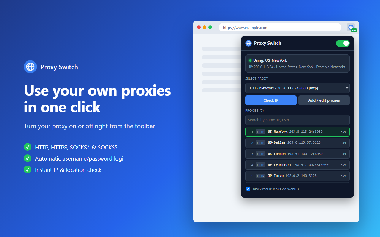 Proxy Switch popup showing an active US proxy and the proxy list